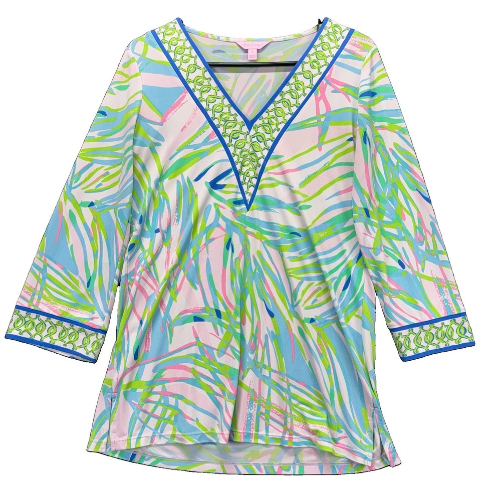 LILLY PULITZER Port‎ Tunic Skye Blue Salute Top Shirt Jersey 3/4 Sleeve Womens S